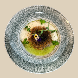 Raviole de cèpes à la ricotta et noix, poêlée de cèpes, crème de persil plat et ail émulsionnée, chips de cèpes croustillante